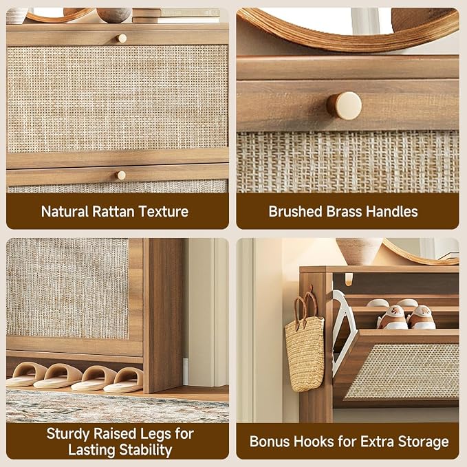 Nicetree Shoe Cabinet Storage for Entryway, 4-Flip Drawer Narrow Shoe Rack, Organic Modern Rattan Shoe Organizer with Gold Legs, Shoe Organizer Fits Men's Size 13.5, Toasted Caramel Walnut