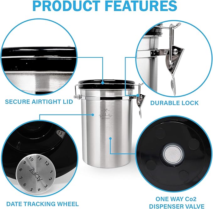 Zulay (Large) Airtight Coffee Canister - Stainless Steel Coffee Storage Canister with Scoop - Features Include a Date Tracker, Built-In One-Way CO2 Valve & 2 Spare Filter Replacements