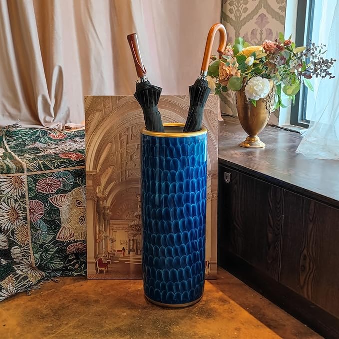 Luxurious Umbrella Stand Holder Umbrella Bucket Umbrella Rack Barrel Hand-Painted Feather Theme Porcelain Ceramic Floor Vase Entryway Porch Indoor 24" High Peacock Blue