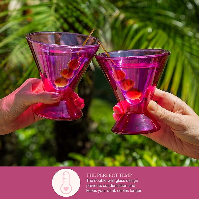 Paris Hilton 2-Piece Martini Glass Set, Double Wall Glass Design, Great for Martinis, Cocktails, Cosmopolitans, Margaritas, 7-Ounce, Hot Pink