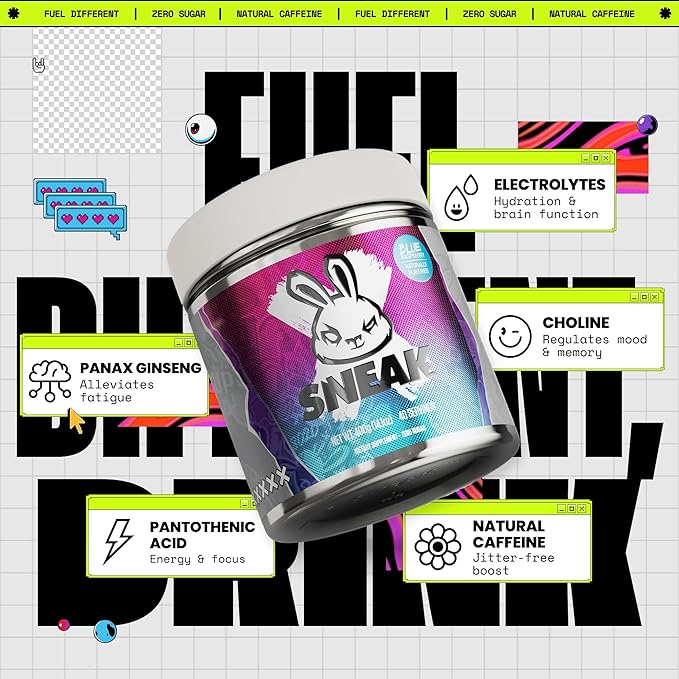 SNEAK Energy Drink Powder | Blue Raspberry | No Sugar. No Nasties. Just Natural Caffeine, Focus-Boosting Nootropics | 40 Servings