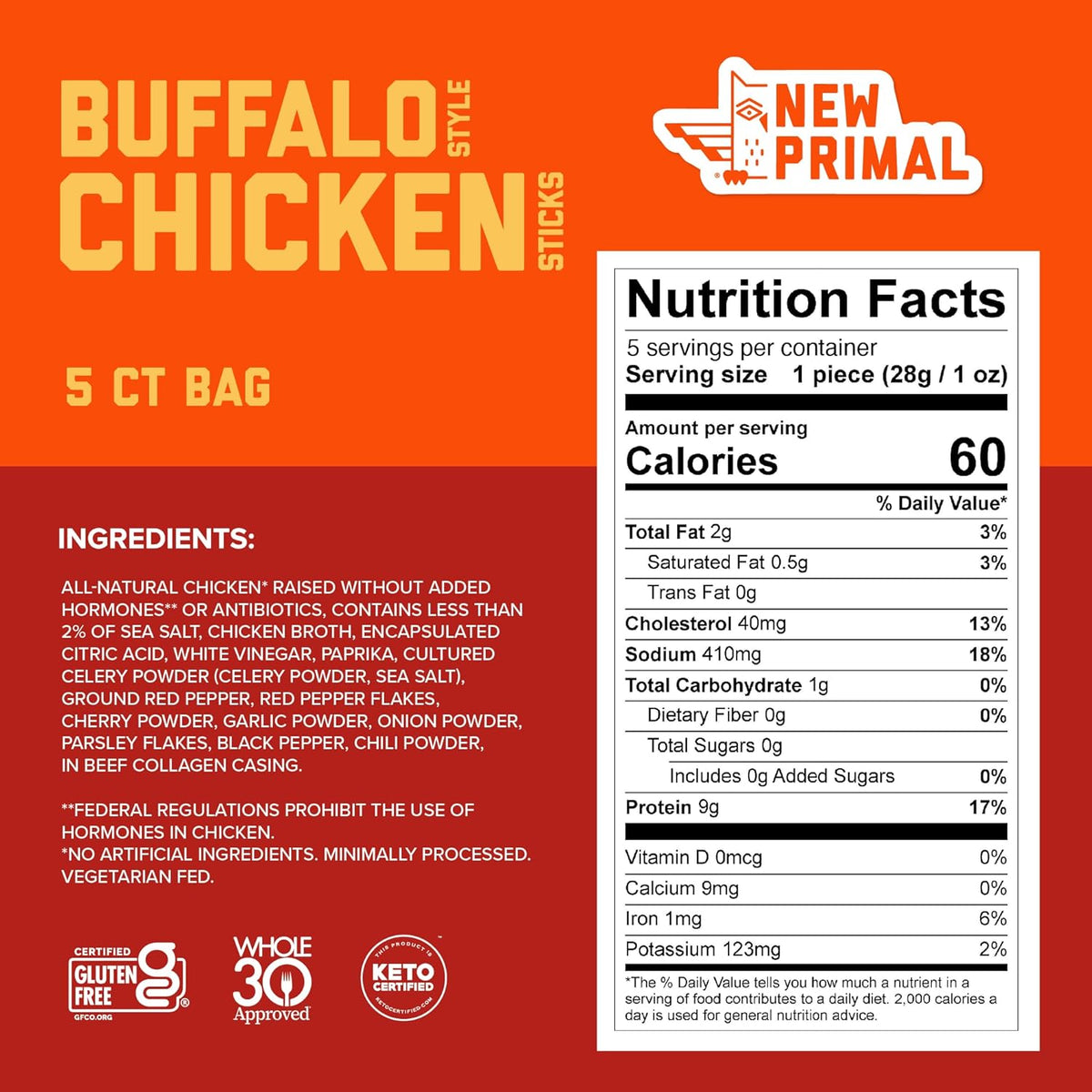 New Primal Buffalo Chicken Sticks, Keto, Gluten Free Healthy Snacks, Sugar Free Low Carb High Protein, Jerky Meat Stick, 9g Protein, 5 Pack