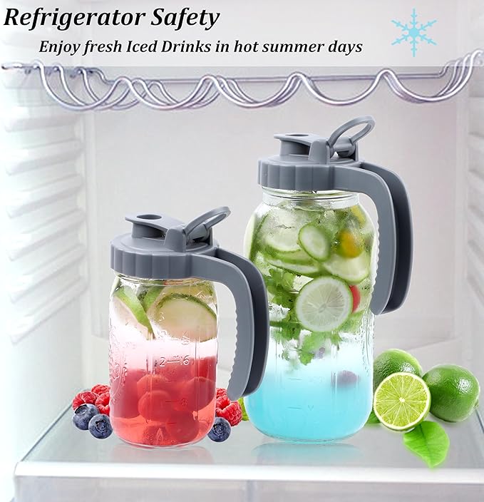 Mason Jar Pitcher 64 OZ Glass Pitcher With Pour Spout Lids Airtight Leak Proof 2 Quart Wide Mouth Water Pitcher With Handle And Flip Cap For Iced Tea, Milk, Sun Tea, Lemonade,Juice, Iced Coffee