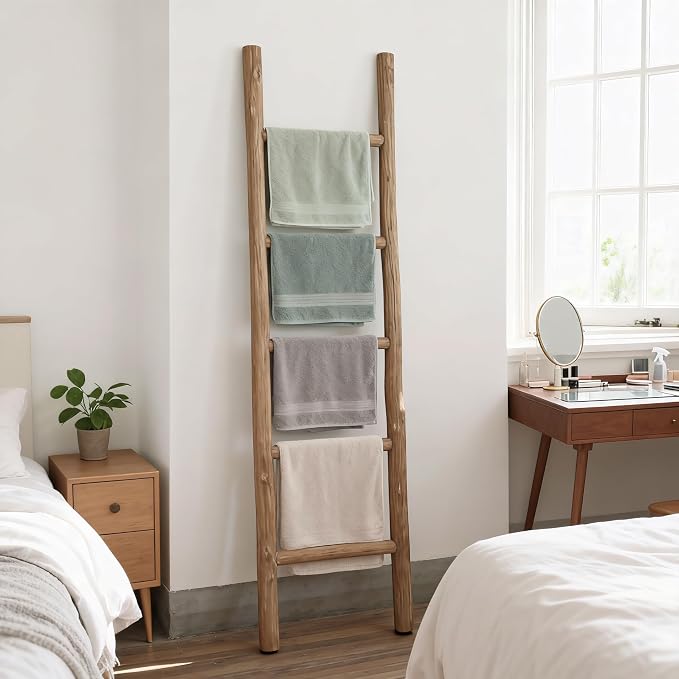 Wooden Blanket Ladder Natural & Motley Wood - Leaning Wall Decor for Bedroom, Bathroom, Living Room - Rustic Quilt Holder & Towel Rack (Natural Wood Brown, 57in | Fully Assembled)