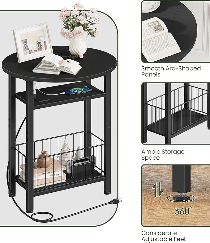 Side Table with Charging Station, Folding Side Table with Storage, 3-Tier Narrow End Table with Folding Top, Small Side Table for Small Spaces, for Living Room, Bedroom, Black TBZ10UBB