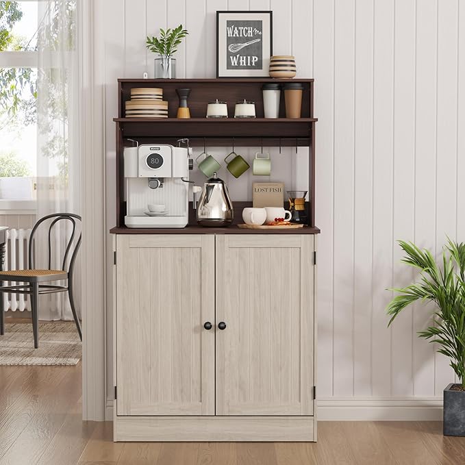 MHOM Farmhouse Bar Cabinet with Storage, Coffee Station Cabinet with 5 Hooks, Small Coffee Bar for Kitchen & Living Room, Antique Oak