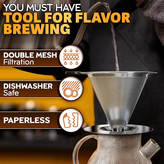 Pour Over Coffee Dripper - 3.18x4.48" Stainless Steel Pour Over Coffee Maker with Large Plastic Handle, Wide Secure Base and a Brush for Cleaning - Ensures Well-Balanced and Reach Tea Infuser