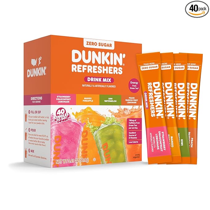 Dunkin’ Refreshers Singles To Go! Powdered drink mix packets, 40 Ct Variety Pack, 40 Single serve Packets per Box (40 servings), Energy from Green Tea, aspartame-free, no synthetic colors, naturally and artificially flavored, just add water