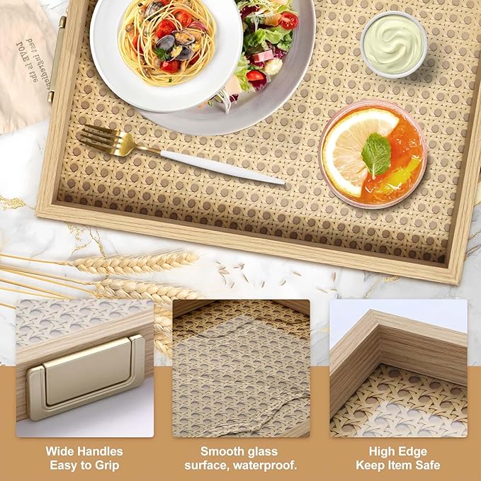 Rattan Woven mesh Surface Wood Serving Tray with Metal Handles, 16.3x13 in Food Drinks Tray for Coffee Table, Breakfast, Dinner & Bar,Kitchen,Party (Rattan Weaving/Large)