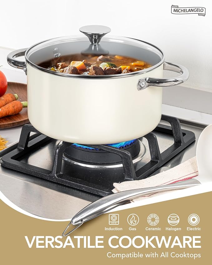 MICHELANGELO Pots and Pans Set Non Stick 8 Piece Ceramic Cookware Set Cream | PFAS-Free Cream Ceramic Nonstick Cookware Set for Eggs, Pancakes, Sauces, Low-Oil Cooking and Induction Ready, Fast Cleanup