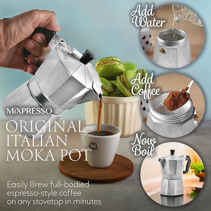 Mixpresso Moka Pot 3 Cup (5 oz Total) – Stovetop Espresso Maker for Gas & Electric Stove, Aluminum Cuban & Italian Coffee Maker, Small Size Espresso Brewer