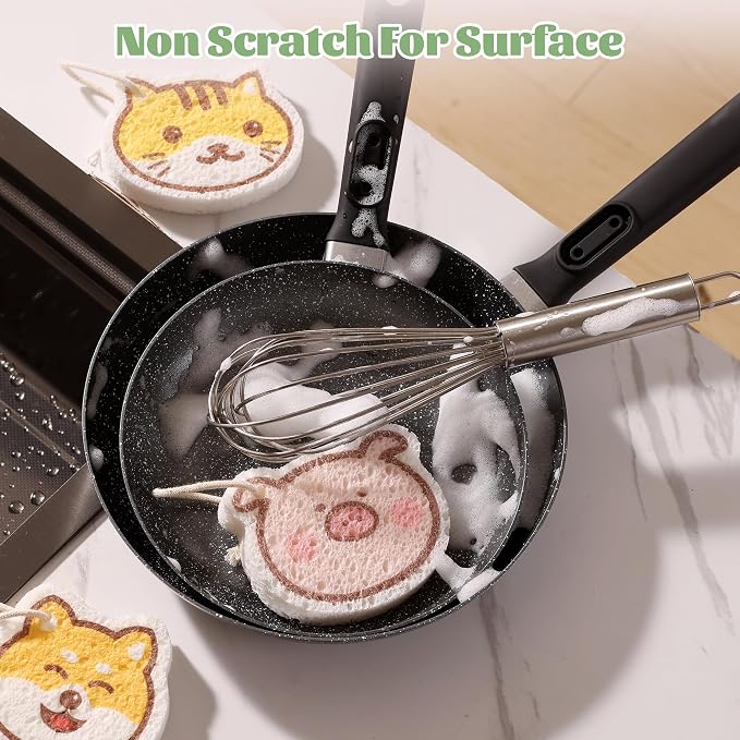 JOYMOOP Cartoon Kitchen Sponge, Cellulose Sponges for Cleaning, Non-Scratch Sponges for Dishes, Reusable Sponge for Household Cleaning - 9 Pcs Mixed Pattern (Kitten, Doggy and Piggy)