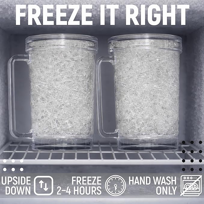 Freezer Beer Mugs Set of 4, 16 oz Double Wall Gel Mugs for Freezer, Acrylic Plastic Beer Stein with Handle, Ice Cold Glasses for Men, BBQ, & Pool Parties (Clear)