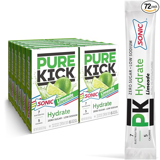 PURE KICK Hydration Singles to Go Drink Mix, Sonic Limeade, Includes 12 Boxes with 6 Packets in Each Box, 72 Total Packets