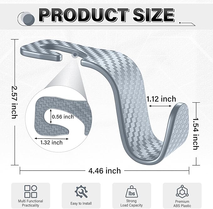 SINGARO Universal 4 Pack Car Seat Headrest Purse Hook, Carbon Fiber Back Seat Hook Storage Organizer Hanger for Purse Handbag Coat, Car Interior Accessories(Gray)