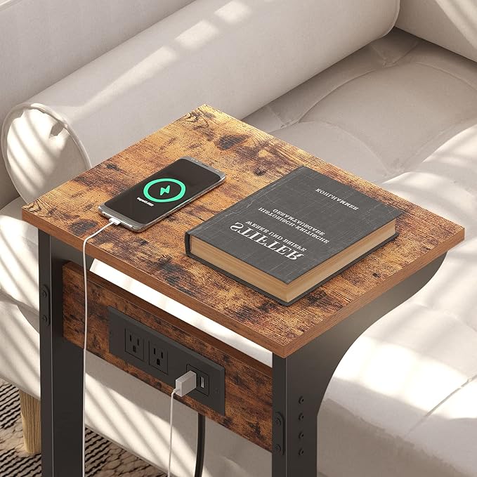 TUTOTAK C Shaped End Table with Charging Station, Side Table, Couch Table for Small Spaces, Tv Tray Table with 2 USB Ports and Outlets, Living Room, Bedroom V1TB01BB044