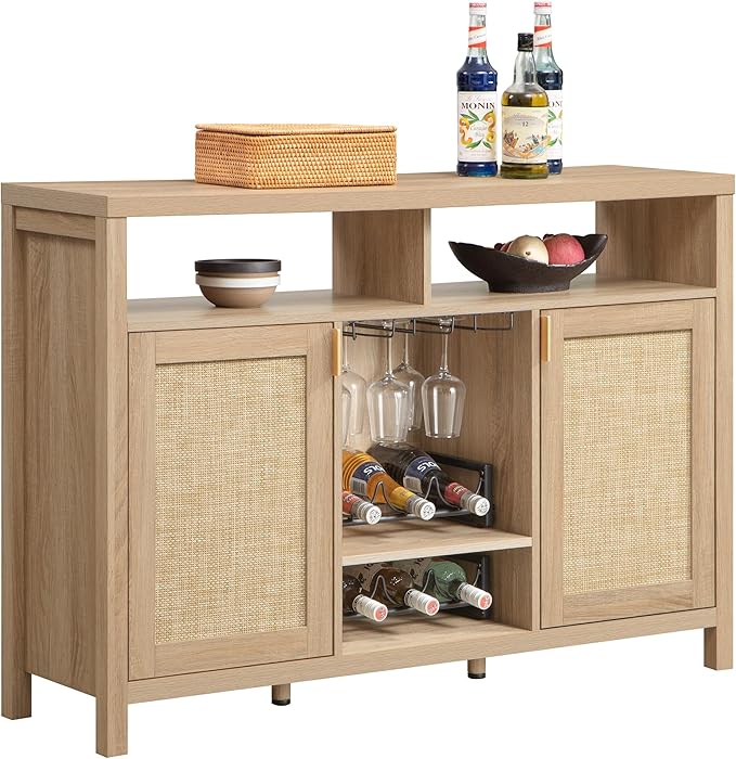 SICOTAS 51" Coffee Bar Cabinet Bar Cart with Storage, Wine Bar Cabinets Boho Home Bar Table, Rattan Sideboard Buffet with 2 Doors, Coffee Station with Wine Racks for Living Dining Room Entryway
