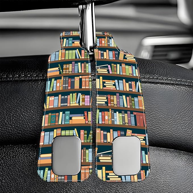 Purse Hook for Car Vintage Bookshelve Library Bookcase 1 Pack Headrest Back Seat Hook Premium Leather Double Metal Hanger Storage Pack Bag Purse Holder Car Accessories