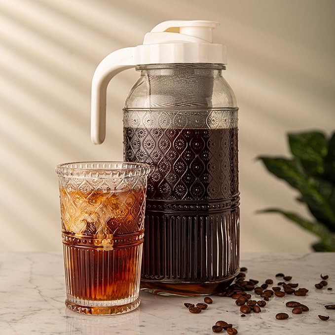 Cold Brew Coffee Maker 64 oz – Airtight Glass Mason Jar Pitcher Brewer with Leak-Proof Lid & Handle, Wide Mouth Iced Coffee Maker, Vintage Kitchen Decor - Blush