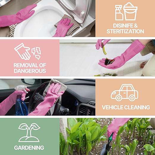 DABOGOSA Mamison 2 Pairs Reusable Waterproof Household Dishwashing Cleaning Rubber Gloves, Non-Slip Kitchen Glove (Pink, Small (Pack of 2))