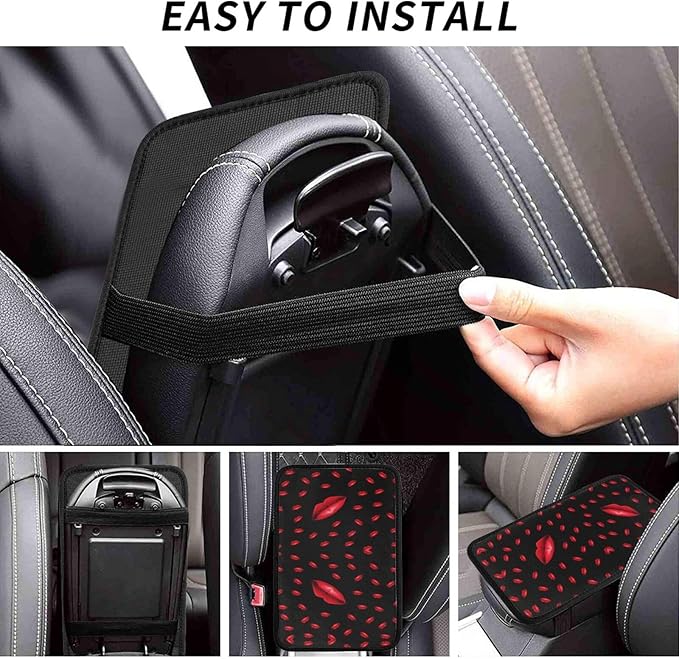 Car Armrest Cover Auto Center Console Pad Arm Rest Cushion Soft Car Accessories Universal for Most Vehicle (Bright Red Lips Pattern Design)