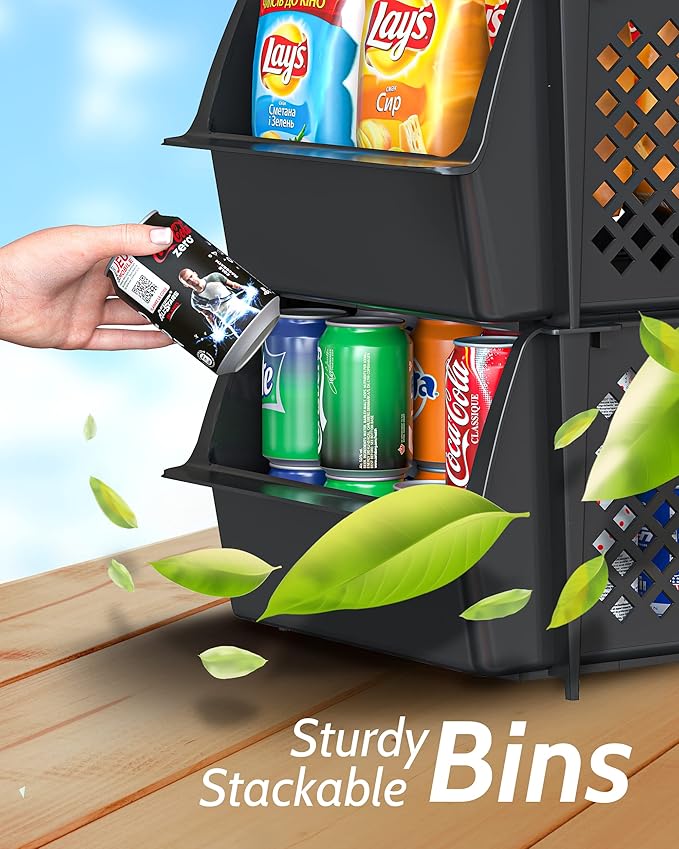 Skywin Stackable Storage Bins Open Front for Pantry Storage, 4 Pack - Black | Sturdy Plastic, Easy Stacking, Open Front Access, Ventilated Sides, Vertical & Space Saving Pantry Organizers and Storage Bin