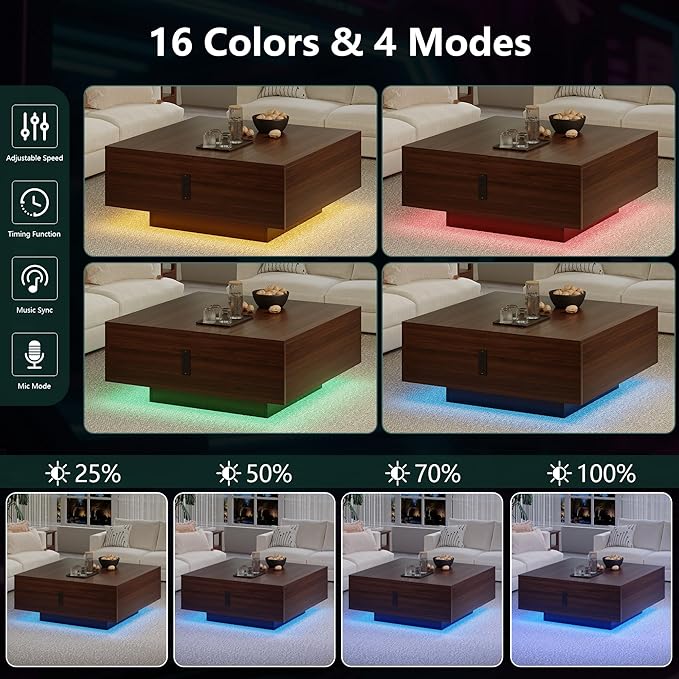 Square Lift Top Coffee Table, 31.5" Wooden Coffee Table with 2 Drawers & Hidden Storage, LED Lights & Charging Station, Mid Century Modern Center Table for Living Room Home Office (Walnut)