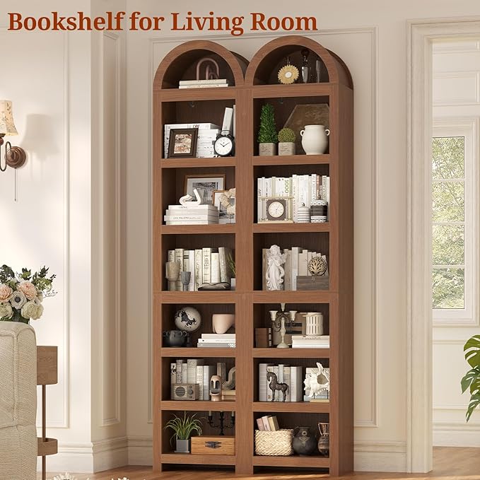 UPOSOJA 76" Tall Narrow Arched Bookcase,7-Teir Mid-Century Modern Bookshelf,Adjustable Shelves offering More Storage Space for Living Room,Kitchen,Home Office (Brown, Narrow)