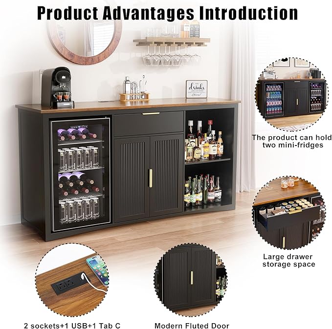 GDLF Long Coffee Bar Cabinet with Fridge Space, Modern Wine Liquor Cabinet with Storage & Power Outlet, Buffet Sideboard with Fluted Doors for Home, 70.1 Inch, Black
