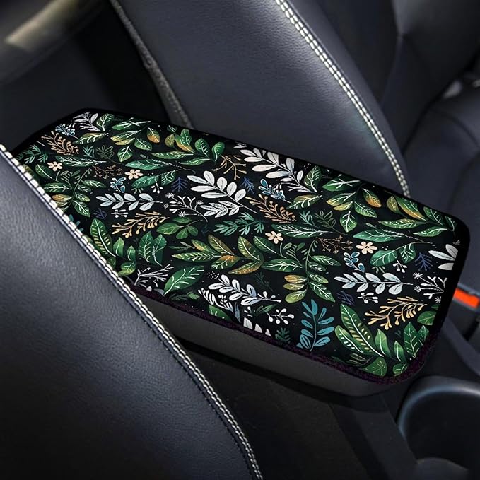 Green Plant Print Armrest Cover for Car Center Console Cover Soft Arm Rest Cover for Most Car,SUV,Universal Fit Car Accessories