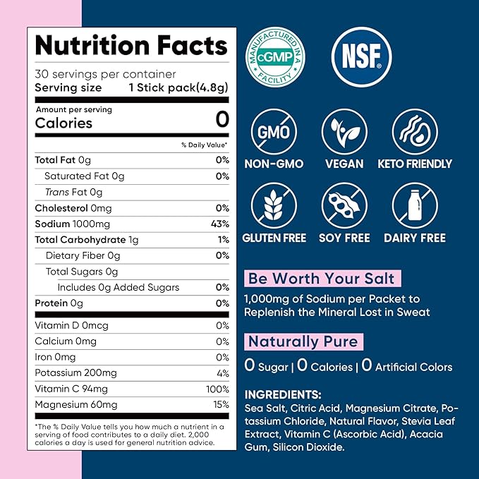 Venture Pal High Sodium Sugar-Free Electrolyte Powder Packets - Hydration Packets with Sodium, Potassium & Magnesium | Zero Calories | Vegan, Keto, and Paleo Friendly | 30 Sticks