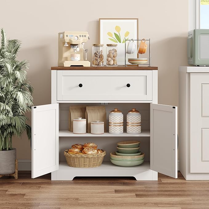 Coffee Bar Cabinet with Storage, Small Kitchen Storage Cabinet, Modern Farmhouse Buffet Sideboard with Drawers and Adjustable Shelves, Barn Door Accent Cabinets for Kitchen, Dining Room, Living Room