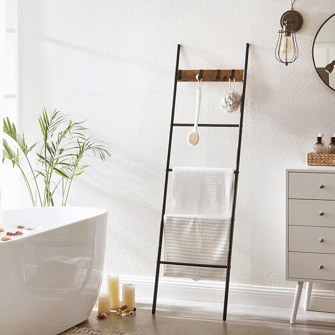 Blanket Ladder, 5-Tier with 4 Removable Hooks, Steel and Particleboard, Black, 17.3x63 Inch, Anti-Tip Kit Included