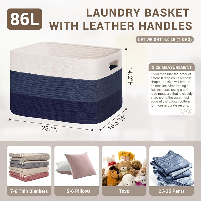 86L Extra Large Laundry Basket with Leather Handles for Living Room Storage, Woven Rope Baskets for Blanket, Kids Toy, Gifts, Wicker Hamper for Bedroom Dirty Clothes, 24"x16"x14" Gradient Blue