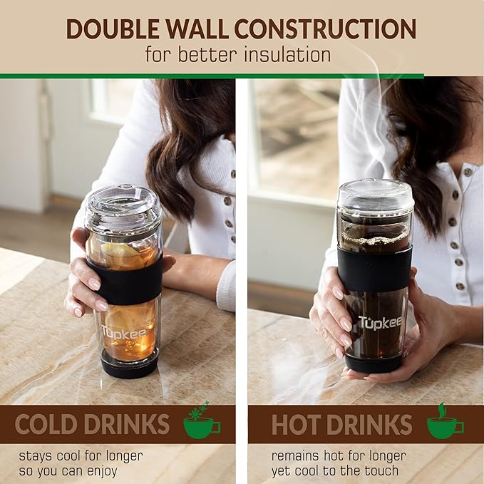 Tupkee Double Wall All Glass Tumbler - 14-Ounce, Reusable Insulated Tea/Coffee Mug & Lid, Hand Blown Glass Travel Mug - Black - 2 Pack