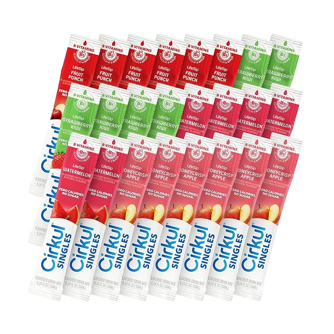LifeSip® Cirkul® Singles 24-Pack, B-Vitamins Flavor Water Variety Pack, No Sugar, Zero Calorie Drink Mix, (6 Fruit Punch, 6 Strawberry Kiwi, 6 Honeycrisp Apple, and 6 Watermelon)
