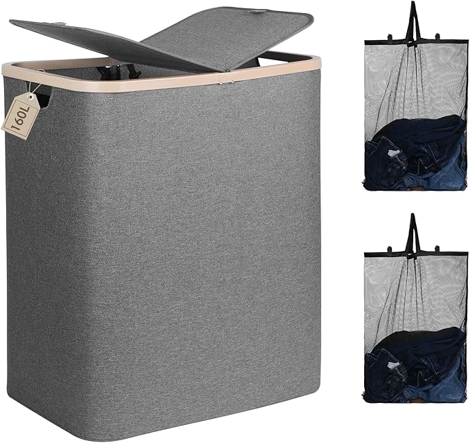 DOKEHOM 160L Extra Large Laundry Hamper with Lid, 2-Section Double Laundry Basket with Removable Mesh Liner Bags, Collapsible Clothes Sorter for Family, Bedroom, Laundry Room, Dark Grey