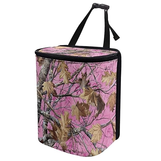 Pink Camo Hunting Car Trash Can with Adjustable Straps Woodland Forest Collapsible Multipurpose Car Trash Bin Bag Automotive Accessories