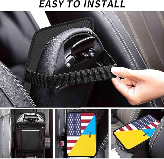 Ukraine Ukrainian Trident American Flag Car Center Console Cover, Universal Waterproof Armrest Pad, Soft Comfort Cushion & Scratch-Resistant Protector for Cars, SUVs and Trucks
