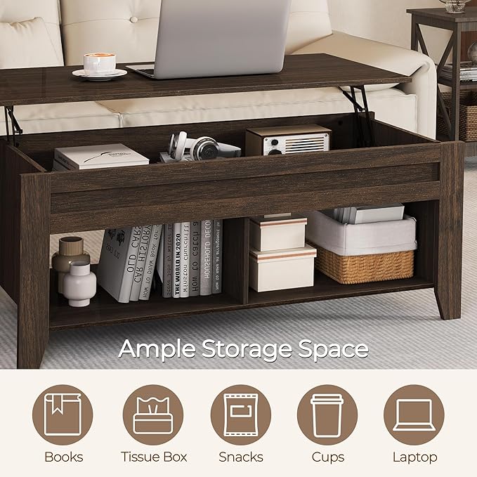 Yaheetech Lift Top Coffee Table with Hidden Storage Compartment & Seperated Lower Shelf, Lift Up Coffee Table, Rising Tabletop Dining Table for Living Room, 39.5 in L, Espresso