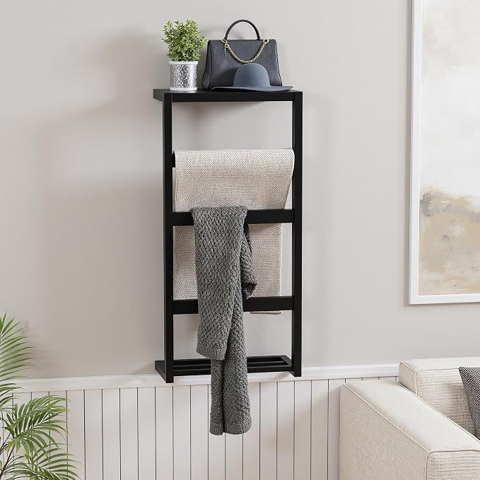 Bamboo Wall Blanket Ladder, 4-Tier Towel Racks, Bamboo Bath Towel Racks for Bathroom Wall Mounted, Decorative Blanket, Quilt, Towel, Scarf Ladder Shelves for Bathroom, Living Room, Bedroom， Black
