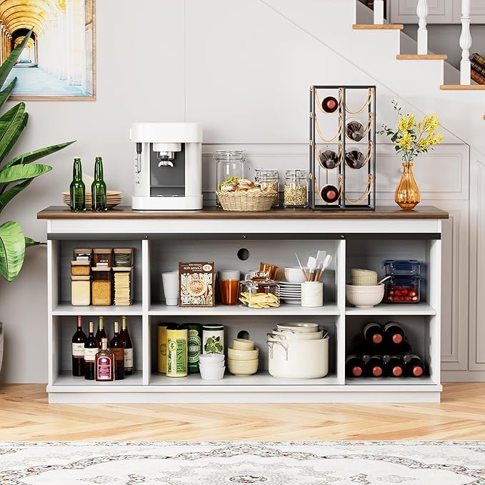 Shahoo Farmhouse Sideboard Buffet Cabinet, Coffee Bar Storage with Sliding Barn Doors, Shelf for Home Dining Room, White