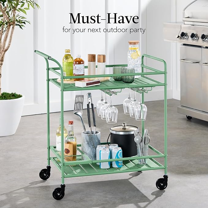 Best Choice Products Rolling Bar Cart, Mobile Home Bar Serving Cart, Serving Station w/ 2 Tier Shelves, Wine Rack, Lockable Wheels - Sage