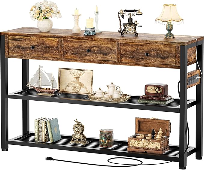 Ecoprsio 47'' Entryway Table with Outlets and USB Ports, Console Table with 3 Drawers, Sofa Table Narrow Long with Storage Shelves for Living Room, Couch, Hallway, Foyer, Kitchen Counter, Rustic Brown