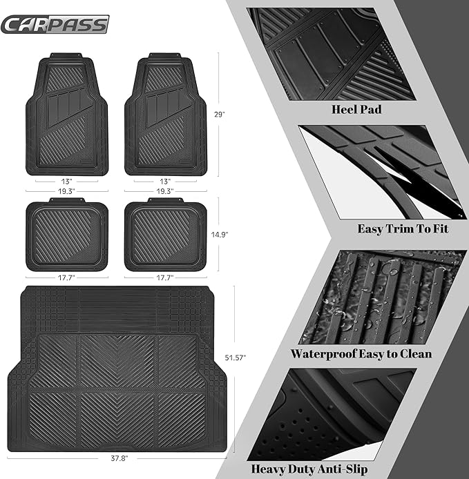CAR PASS Heavy Duty Rubber Floor Mats Gray Car Mats Full Set with Trunk Cargo Liner - Universal Waterproof Floor Mats for Car SUV Truck, Durable All Weather Automotive Liner Mats (All Black)