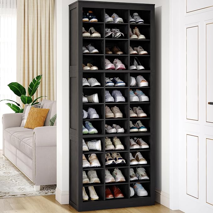 Hzuaneri Shoe Storage Cabinet, 36 Pairs Free Standing Closet Organizer, 9 inch Widened Cell Wood Shoe Organizer, 12 Tiers Vertical Space Saving Shoe Rack for Entryway, Cloakroom, Black SR20704X