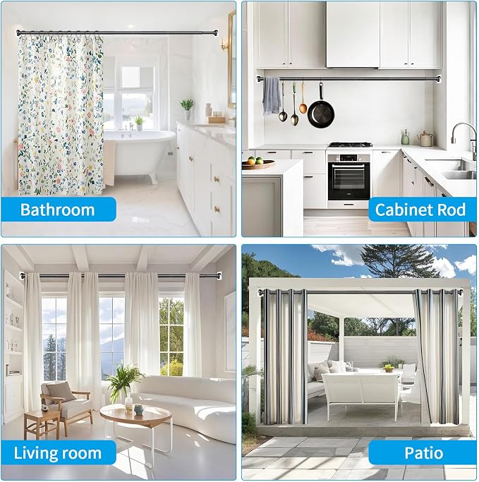 Tension Curtain Rod 34-120In(3-10Ft) with 2 Rod Holders, No Drilling Never Rust Long Shower Curtain Rod, Adjustable Spring Curtain Rod for Large Window or Outdoor Patio, Stainless steel, Matte Black