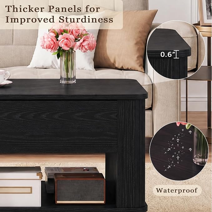 HUAHUU 41.3" Lift Top Coffee Table, Modern Coffee Table with Storage, Fluted Coffee Tables with Lift Tabletop, Hidden Storage Compartment & Lower Shelf for Living Room, Home Office, Black