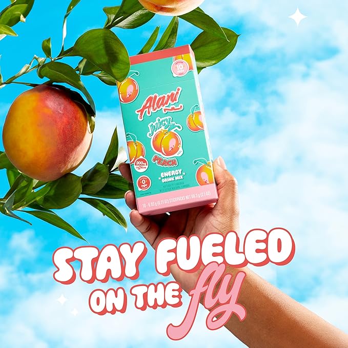 Alani Nu JUICY PEACH Energy Sticks | Energy Drink Powder | 200mg Caffeine | Pre Workout Performance with Antioxidants | On-The-Go Drink Mix | Biotin, B Vitamins | Zero Sugar | 10 Calories | 10 Pack