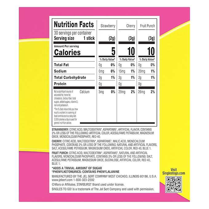 SINGLES TO GO! Starburst Variety Pack, Watertok Powdered Drink Mix, Includes 3 Flavors, Strawberry, Cherry And Fruit Punch 1 Box (30 Servings)